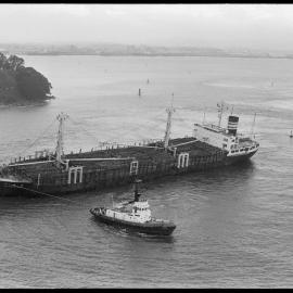 Ships. Log-carrier Matsushima Maru stranded at Tauranga Harbour entrance.