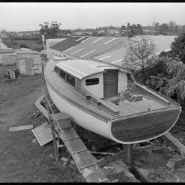 Boatbuilding. Alan Mummery-designed 45ft sloop nearing completion.