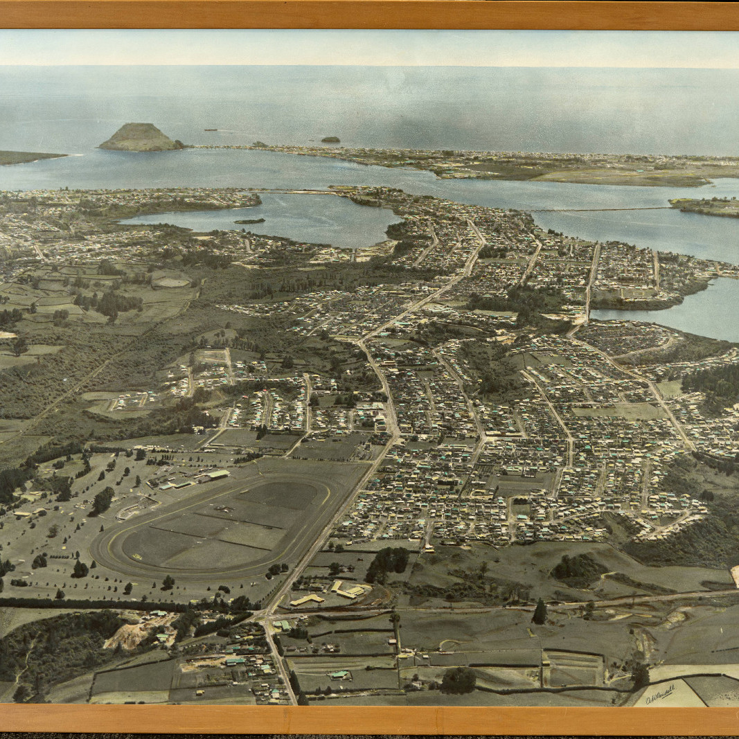 Tauranga RSA hand-coloured aerial images by Alf Rendell