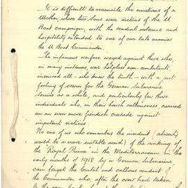 Post WWI letter re U Boat Commander visit to England