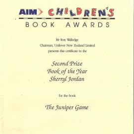 Certificate for The Juniper Game, Apr 1992