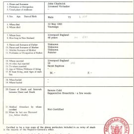 Death entry certificate for John Chadwick, May 1891