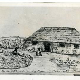 Photo of sketch of Raupo hut at Te Papa Mission Station dated March 1839