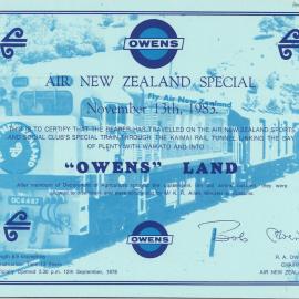 Certificate from the Air New Zealand special train through the Kaimai Rail Tunnel, 13 Nov 1983