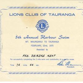 Certificate for the 5th Annual Harbour Swim, 22 Feb 1975