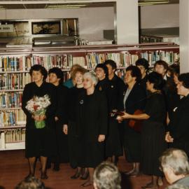 Group of women singing a waiata at Tauranga Library Tukutuku Panels Blessing 1993