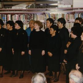 Group of women singing a waiata at Tauranga Library Tukutuku Panels Blessing 1993