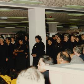 Group singing a waiata at Tauranga Library Tukutuku Panels Blessing 1993