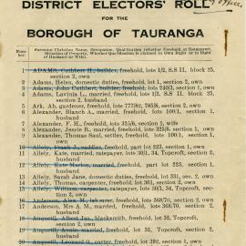 District Electors' roll for the Borough of Tauranga, 1916