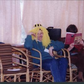 Chris Worth in wig, Tauranga Library 1992