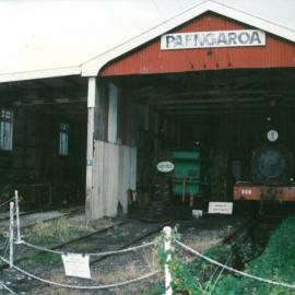 Historic Village locomotive and traction engine in train station c. late-1990s