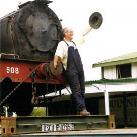 Historic Village locomotive with Shantytown staff member c. late-1990s
