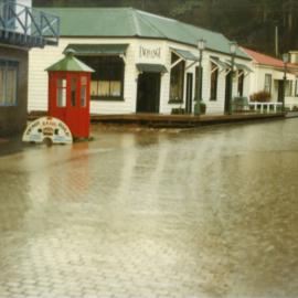 Historic Village Square during flooding c. mid-1990s