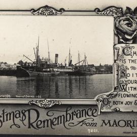 Christmas card, ships at Tauranga town wharf 1922