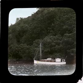 Coastal view with boat, rocks and trees