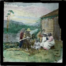 Tropical scene with family outside cottage
