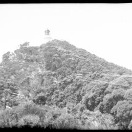 Hillside with railing and telegraph lines