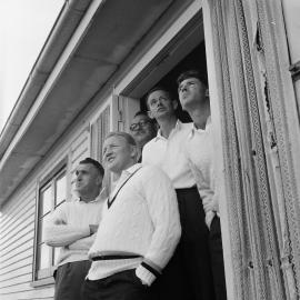 Cricketers waiting for a break in the weather, 1960