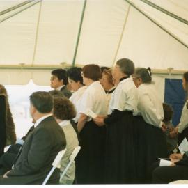 Tauranga Library Cultural Group led by Raewin Clarke Henare Te Koari is to the left