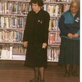 Two woman at the Tauranga Library tukutuku panels unveiling as part of Women's suffrage