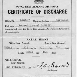 Discharge Certificate (WWII) for Airman R.S. Laurie (1921-2004)