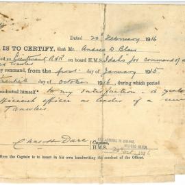 1916 Certificate aboard HMS Idaho