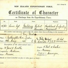 Certificate of Character on discharge from the New Zealand Expeditionary Force