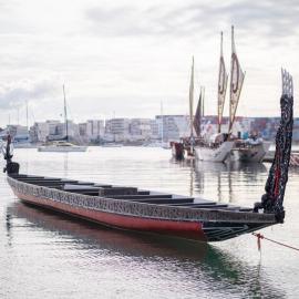 Tākitimu waka sitting at Tauranga Bridge Marina