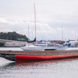 Tākitimu waka sitting at Tauranga Bridge Marina