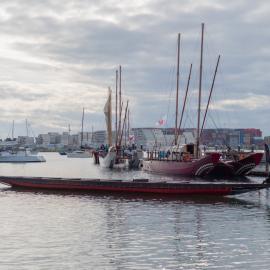 Tākitimu waka sitting at Tauranga Bridge Marina