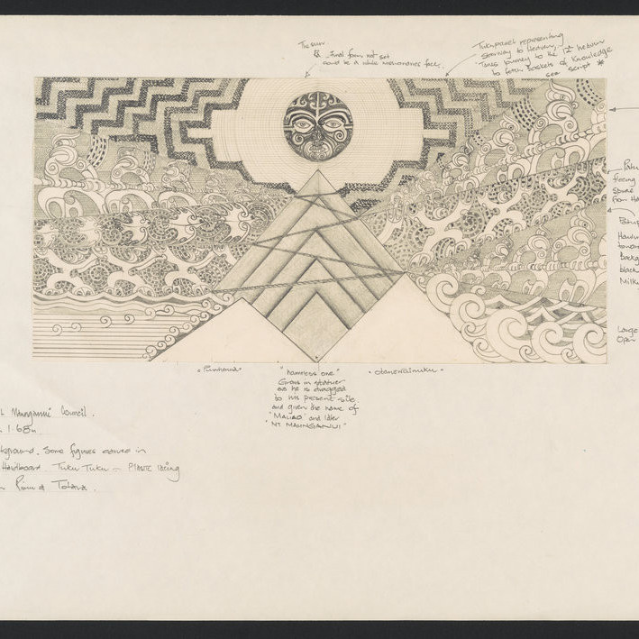 Original pencil sketch by Fred Graham for the Mount Maunganui Library mural