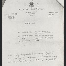 Photocopied explanation of the Tauranga City Council crest