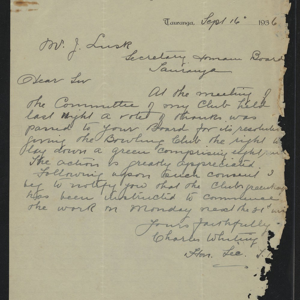 Correspondence relating to the construction of a bowling green on domain land.