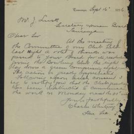 Letter from Tauranga Bowling Club to Mr J. Lusk, Secretary, Tauranga Domain Board, 16 September 1936