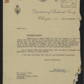 Letter from the Under-Secretary to the Minister of Lands, Department of Lands and Survey, to Mr J.B.K. Lusk, Secretary, Tauranga Domain Board