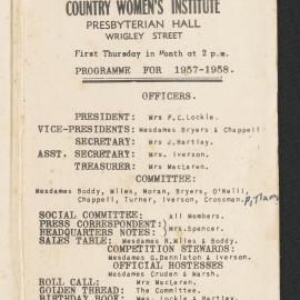 Hairini-Tauranga South Women's Institute programme for 1957-1958