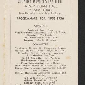 Hairini-Tauranga South Women's Institute programme for 1955-1956