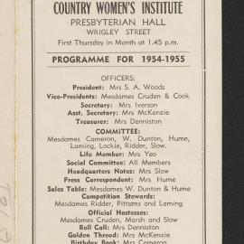 Hairini-Tauranga South Women's Institute programme for 1954-1955