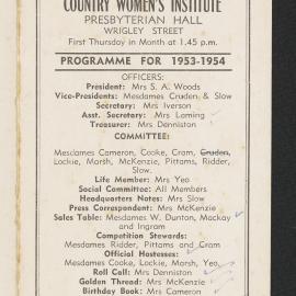 Hairini-Tauranga South Women's Institute programme for 1953-1954