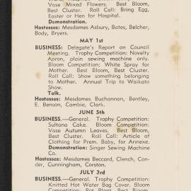 Hairini-Tauranga South Women's Institute programme for 1952-1953