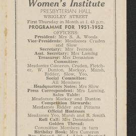 Hairini-Tauranga South Women's Institute programme for 1951-1952