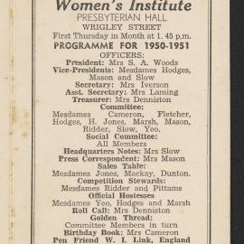 Hairini-Tauranga South Women's Institute programme for 1950-1951
