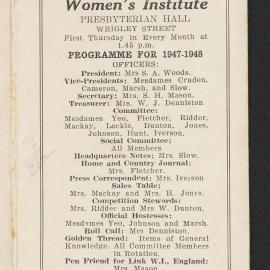 Hairini-Welcome Bay Women's Institute programme for 1947-1948