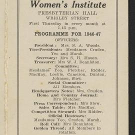 Hairini-Welcome Bay Women's Institute programme for 1946-1947