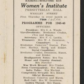 Hairini-Welcome Bay Women's Institute programme for 1945-1946