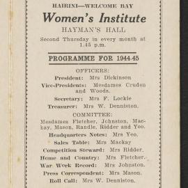 Hairini-Welcome Bay Women's Institute programme for 1944-1945