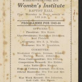 Hairini-Welcome Bay Women's Institute programme for 1943-1944