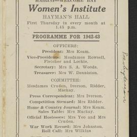 Hairini-Welcome Bay Women's Institute programme for 1942-1943