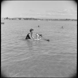 Mrs J. Hubert with 2 dogs at Ōmokoroa Beach