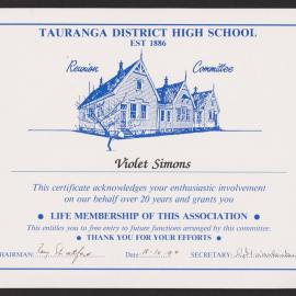 Tauranga District High School life membership certificate for Violet Simons